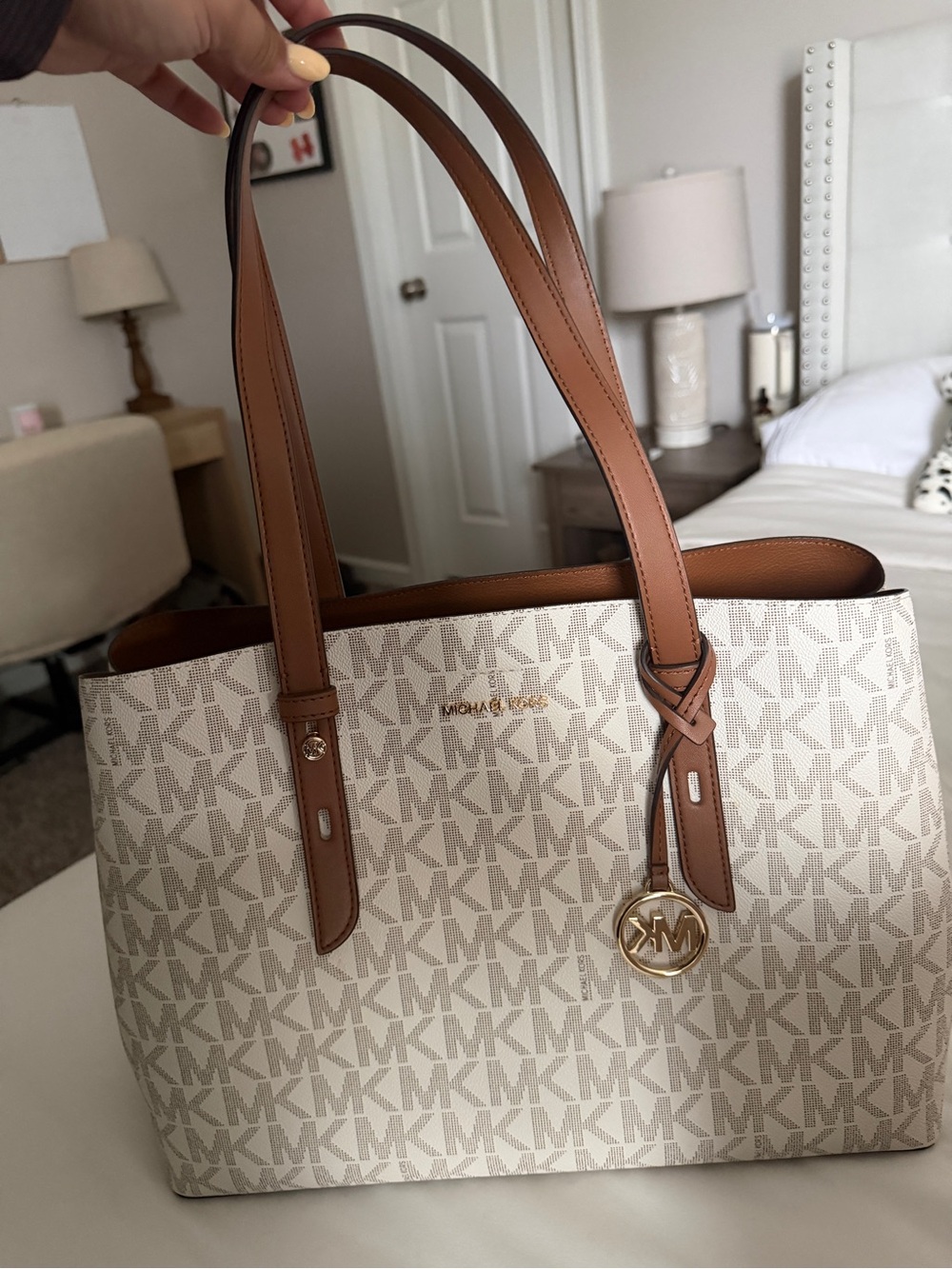 Michael Kors Cream Signature Tote with Brown Trim and Gold Hardware